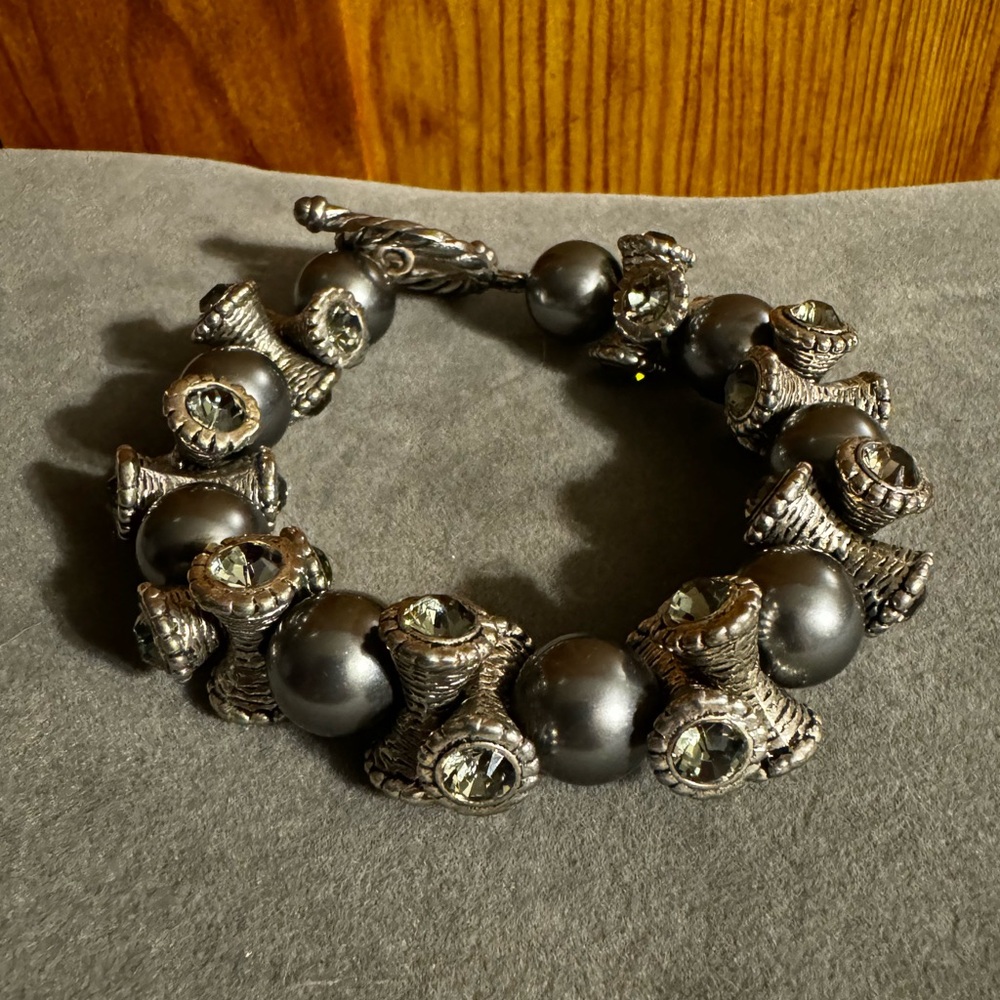 Silver Tone Toggle Chunky Statement Rhinestone Be… - image 1